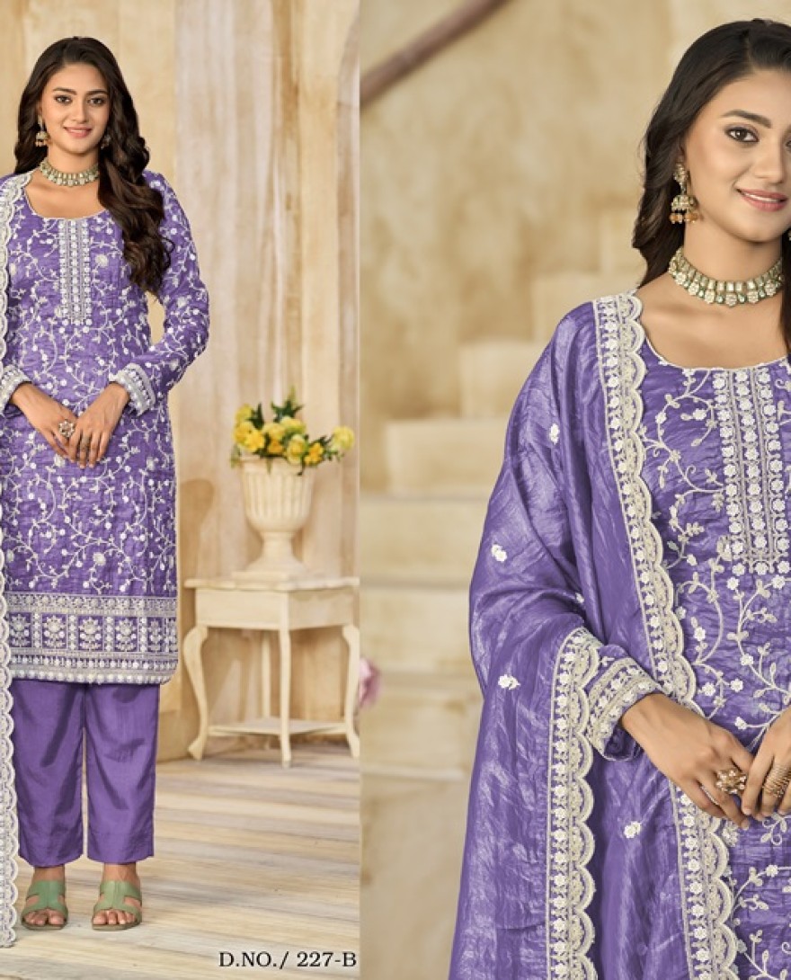 227-purple - Crush Straight Suit with Embroidered Work for Festival in Violet